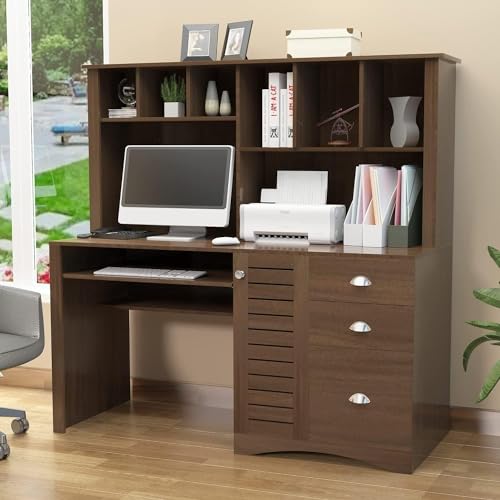 JOYSOURCE Computer Desk with Hutch, 59 Inch Large, Walnut, Old World Style, 2-Tier Shelves, Keyboard Tray, Storage Drawers, Home Office Desk, Study Workstation