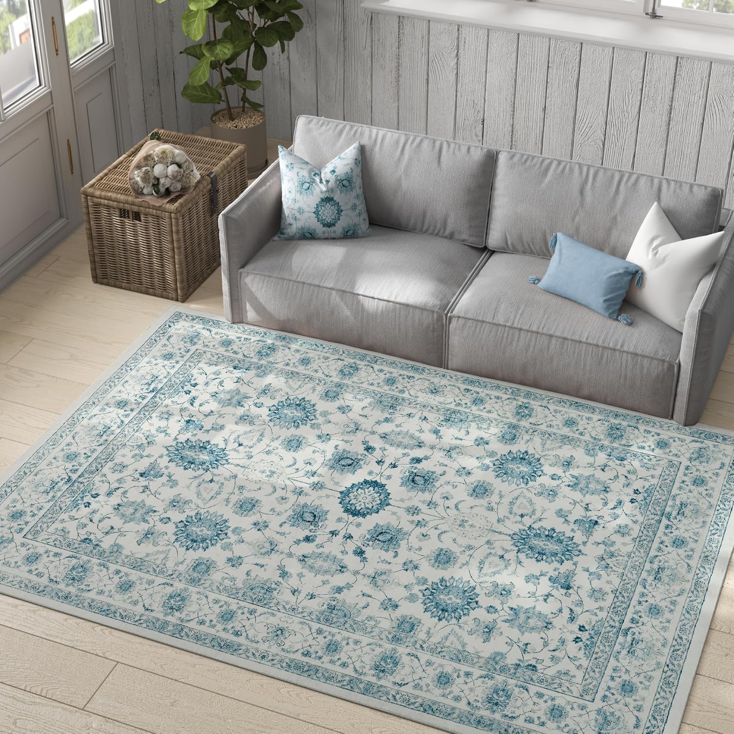 jinchan Area Rug 5x7 Oriental Washable Rug Vintage Floral Rug Non Slip Retro Distressed Rug Thin Country Boho Rug Floor Cover Farmhouse Rug Carpet for Kitchen Living Room Bedroom Dining Room Blue