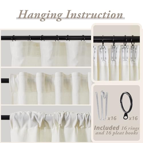 SHINELAND 96 Inches Long Linen Curtains for Living Room Window 2 Panel Set,Sheer Semi Light Filtering Back Tab Pleated Curtain with Hooks Rings,Cream