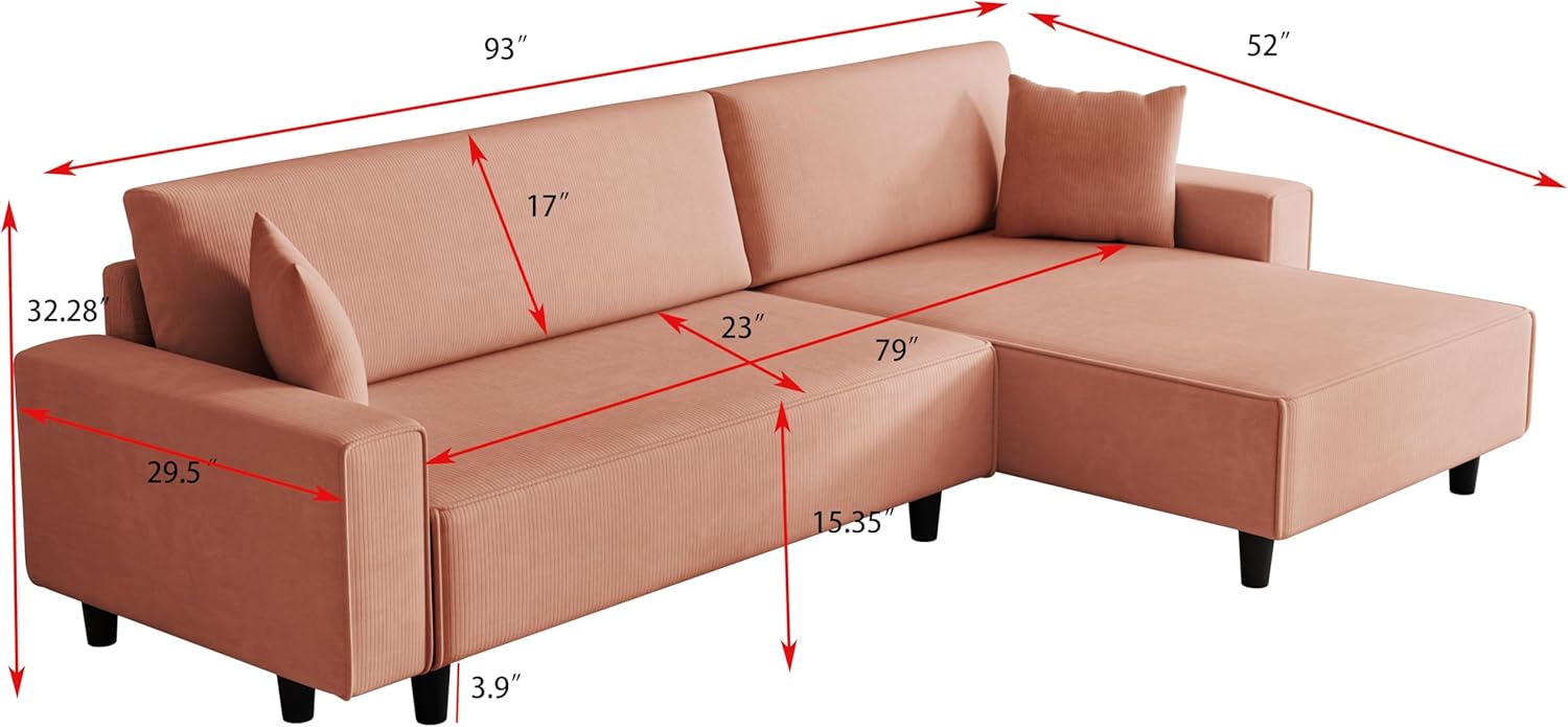 Corduroy L Shaped Sectional Couch with Reversible Chaise Lounge, Pull Out Sofa Bed, One Adjust Backrest, Hidden Storage Space, Two Versatile Pillows, 3 Seats Wide Living Room Furniture Set