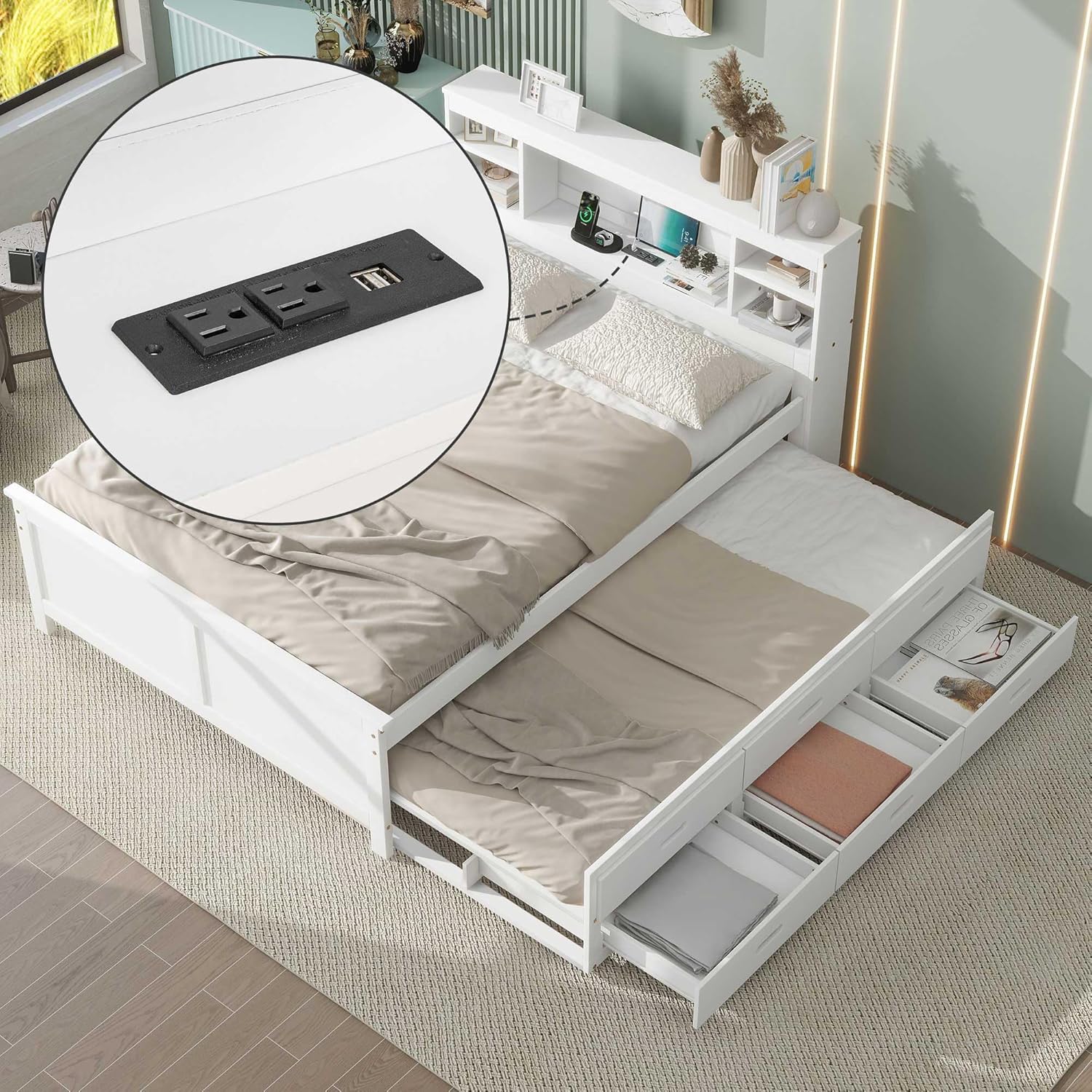 Full Size Platform Bed with Headboard Bookcase, USB Charge, Twin Trundle and 3 Drawers Storage, Wood Captain Bedframe for Bedroom Guest Room, White