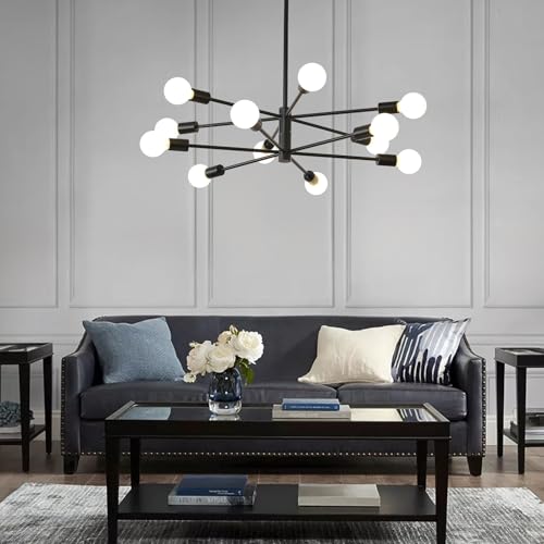 Modern Sputnik Chandelier Ceiling Light Fixture 10-Light E26 Industrial Chandeliers Black Gold Farmhouse Chandelier Height Adjustable Chandeliers for Dining Room, Living Room, Kitchen Island