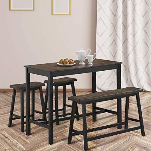 LUARANE 4-Piece Dining Table Set, Solid Wooden Counter Height Table with 1 Bench and 2 Saddle Stools, Modern Industrial Kitchen Table Furniture Set for Home Kitchen Living Room (Gray & Brown)