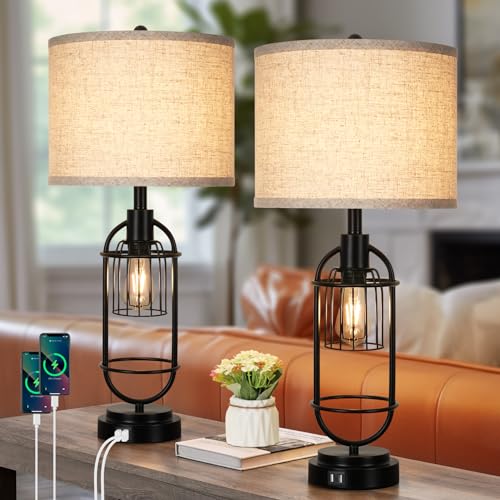 VerRon Industrial Touch Table Lamps with USB Port, 3-Way Dimmable Farmhouse Bedside Nightstand 2-Lights Lamps for Bedroom Living Room Reading, Cream Fabric, Black Metal Base, Bulbs Included