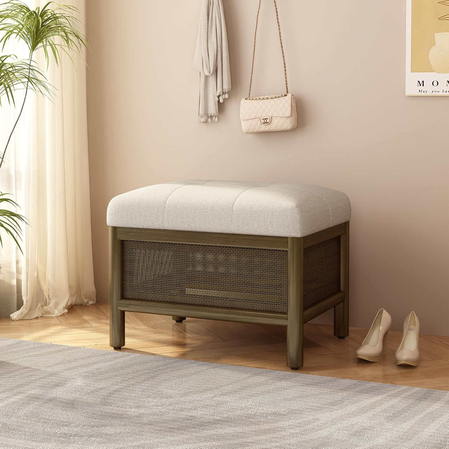 Foot Stool Ottoman with Cane Base,Cream Linen Upholstered Bench,Rectangular Solid Wood Frame Ottomans W/Breathable Fabric,Extra Seat for Bedroom,Living Room,Hallway,Entryway,Walnut,21.5