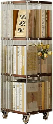 3/4 Tier 360° Rotating Bookshelf, Clear Acrylic and Solid Wood Floor Standing Bookcase, Spiral Bookshelf, Movable Storage Organizer Holder Rack with Wheels, for Office Home Living Room Bedroom ( Color