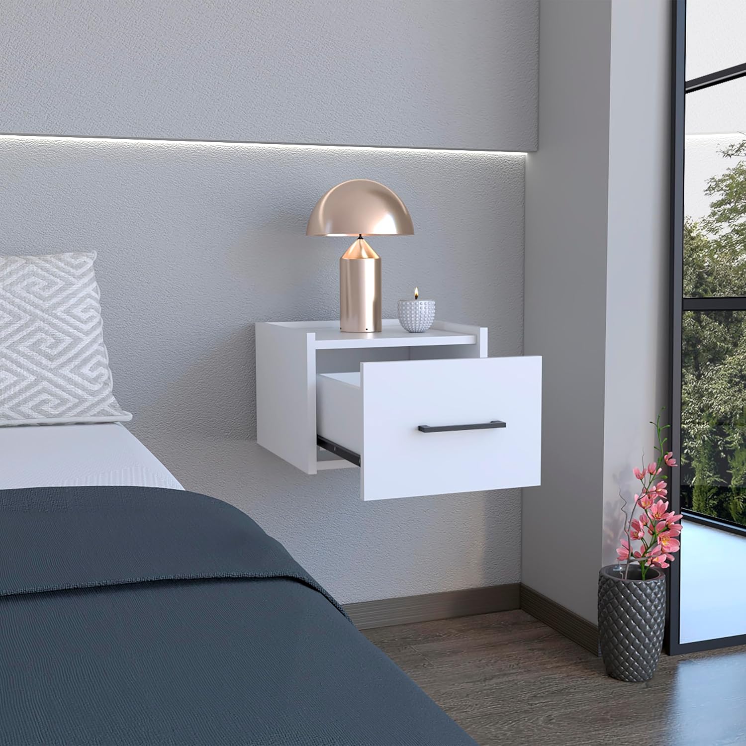 White Modern Floating Nightstand, Space-Saving Design with Convenient Drawer and Black pull Handle