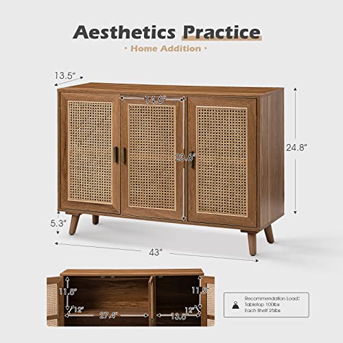 HULALA HOME Boho Accent Storage Cabinet with 3 Natural Rattan Doors & Wood Legs, 2-Tier Shelf Sideboard Buffet Cabinet