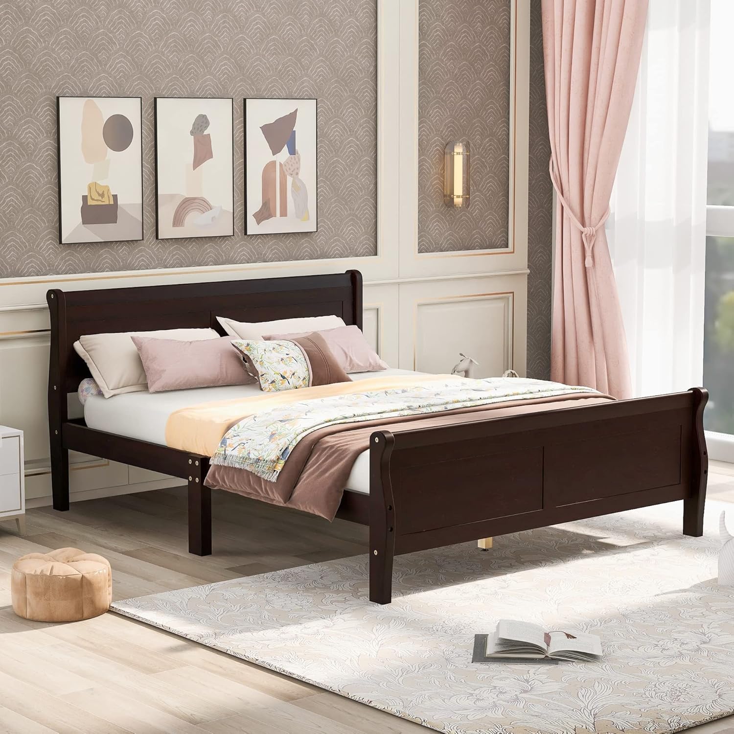 Full Wood Platform Sleigh Bed Frame with Headboard for Guest Living Room Brown Urban Natural Includes Hardware