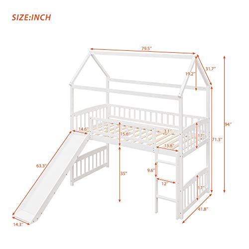 Twin Over Twin Bunk House Bed with 2 Drawers Staircase, Slide and Ladder, House Bed for Family, Kids, Teens, No Box Spring Needed