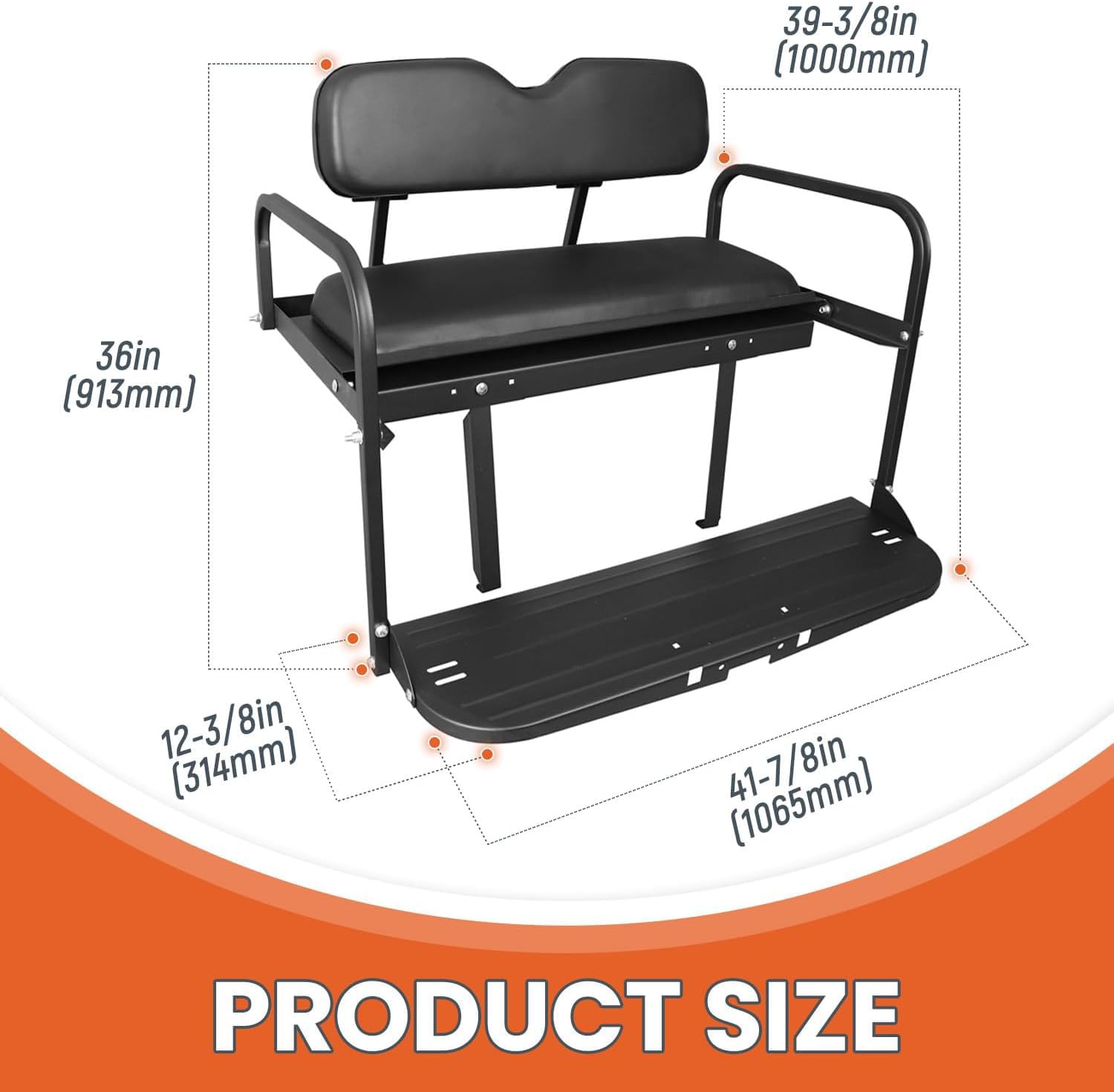 KUAFU Rear Back Seat Kit Compatible with Pre-1994 EZGO Marathon Flip Folding Steel Frame Leather Seat Black