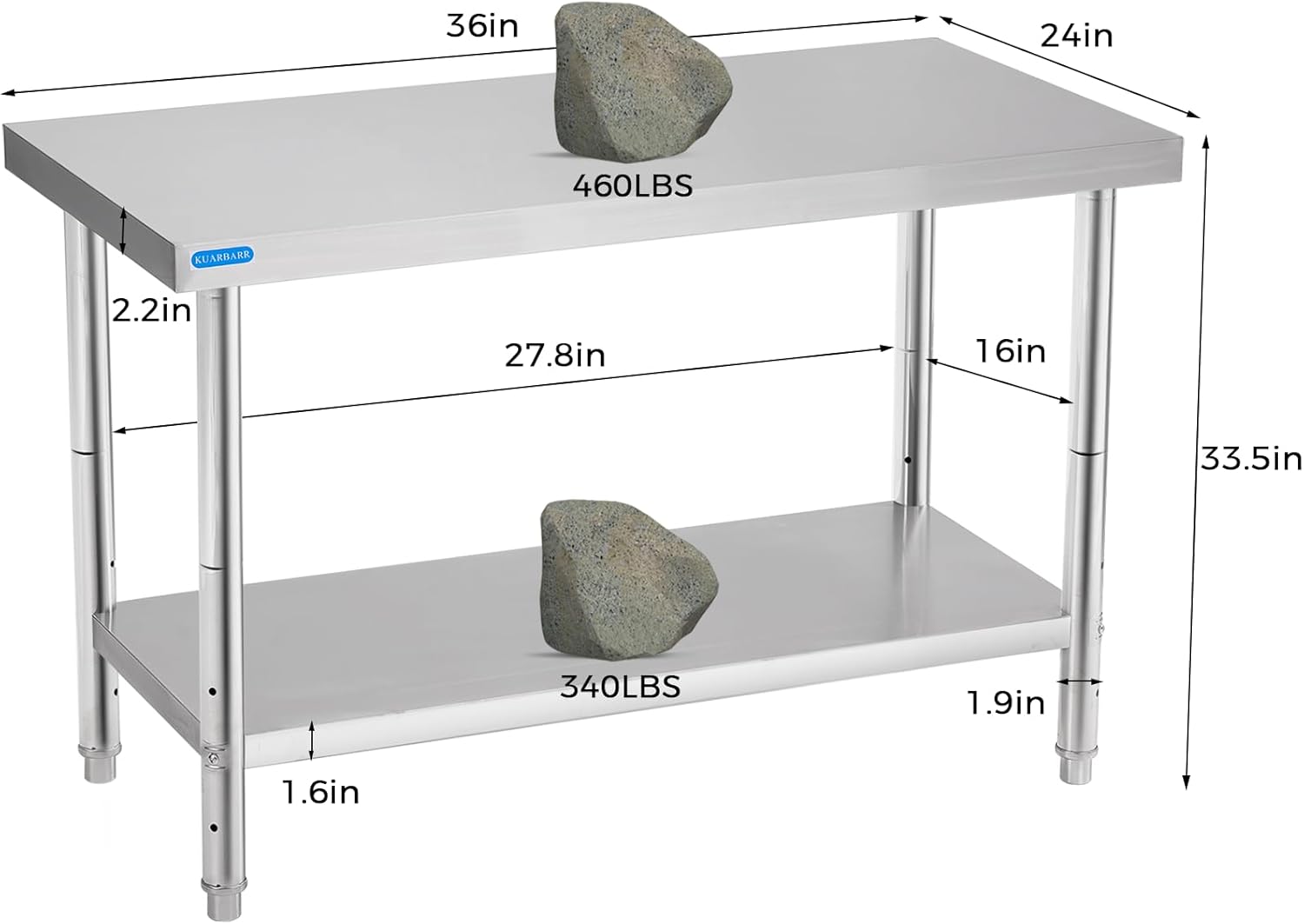 2023 New Stainless Steel Table for Prep & Work 24 x 48 with Undershelf with 2 Tier Overshelf 12 x 48 in Restaurant Kitchen Home