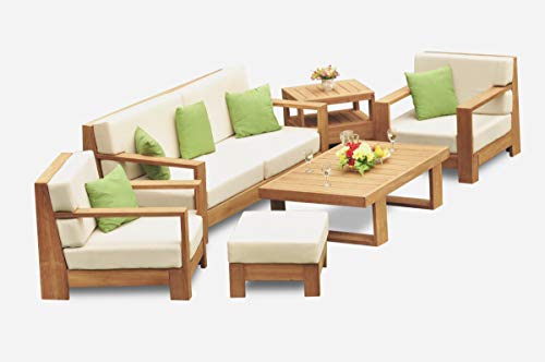 Grade-A Teak Wood Canberra 6 Pc Sofa Set - 1 Sofa (3 Seater), 2 Lounge Chairs, 1 Ottoman, 1 Coffee Table & 1 Side Table (Furniture only) #32CN6