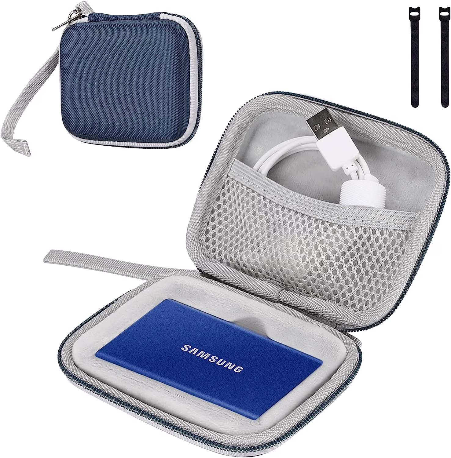Hard Carry Case for Samsung T7/T7 Touch SSD 500GB-2TB, Shockproof Travel Organizer with Cable Ties, USB 3.2 External SSD Protective Case – Navy