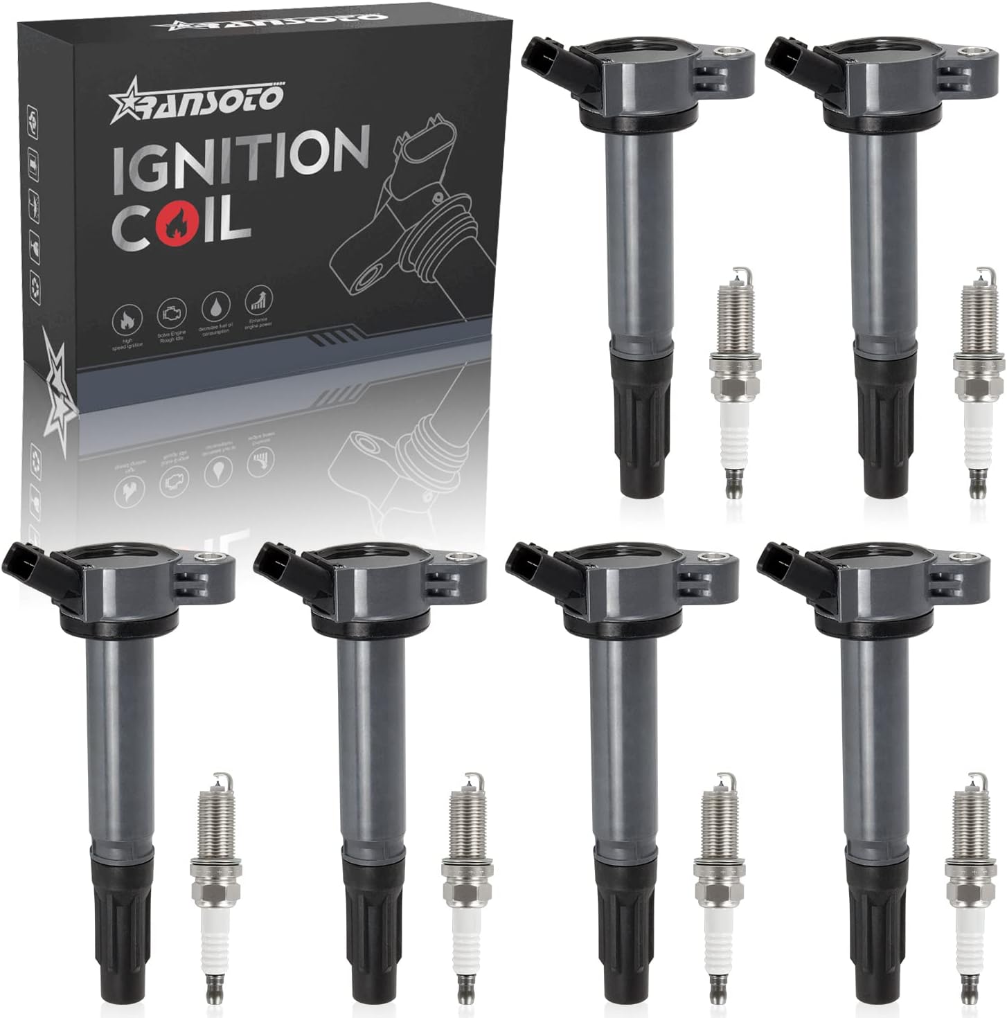 RANSOTO Ignition Coil & Iridium Spark Plug Compatible with 2007-2015 Toyota Camry Sienna Avalon Venza RAV4 Highlander Lexus RX450h ES350 IS350 2.5L 2.7L 3.5L Replace UF487 90919-A2002 Set Of 6