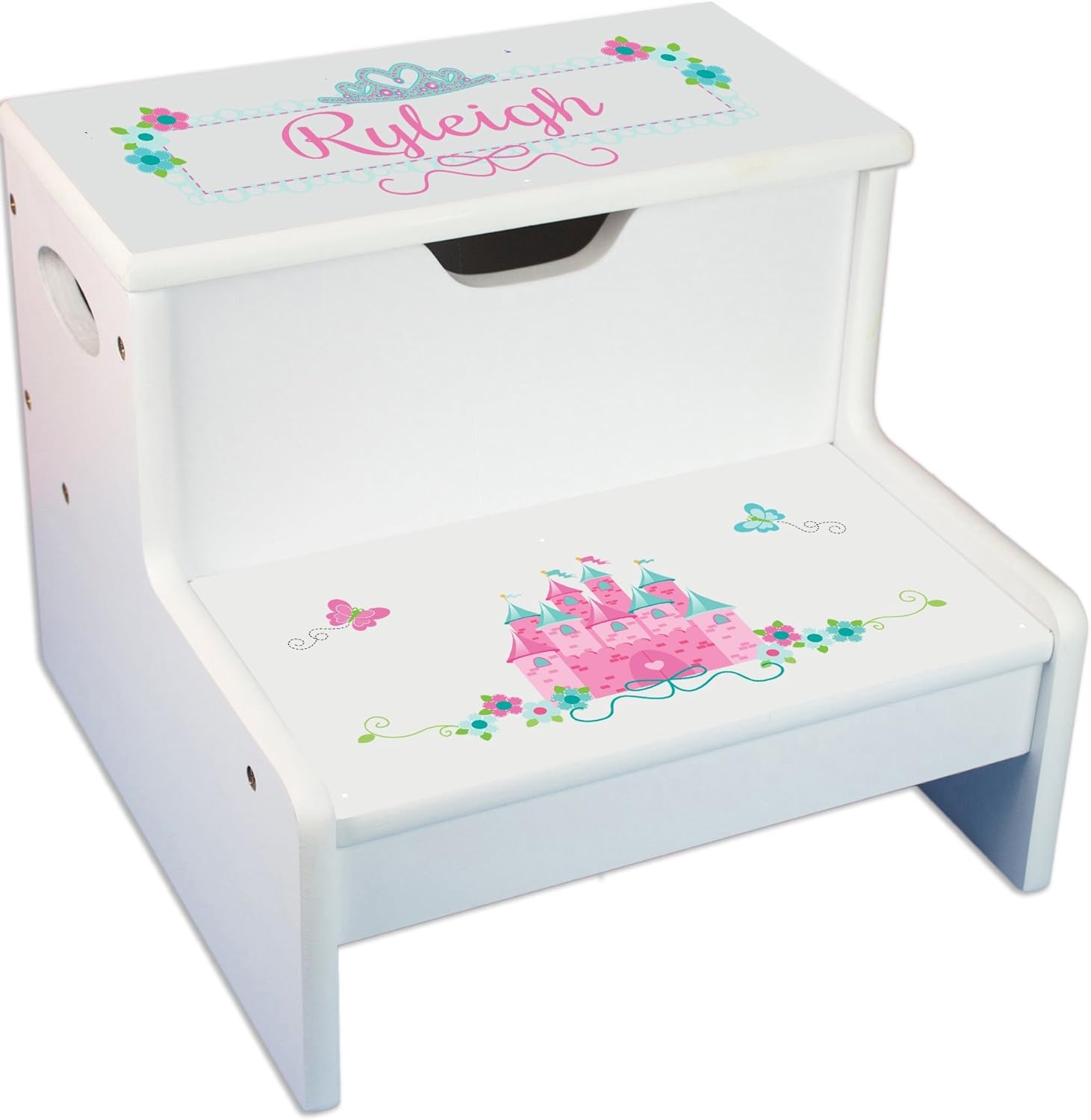 Personalized Pink Teal Princess Castle Childrens Step and Storage Stool