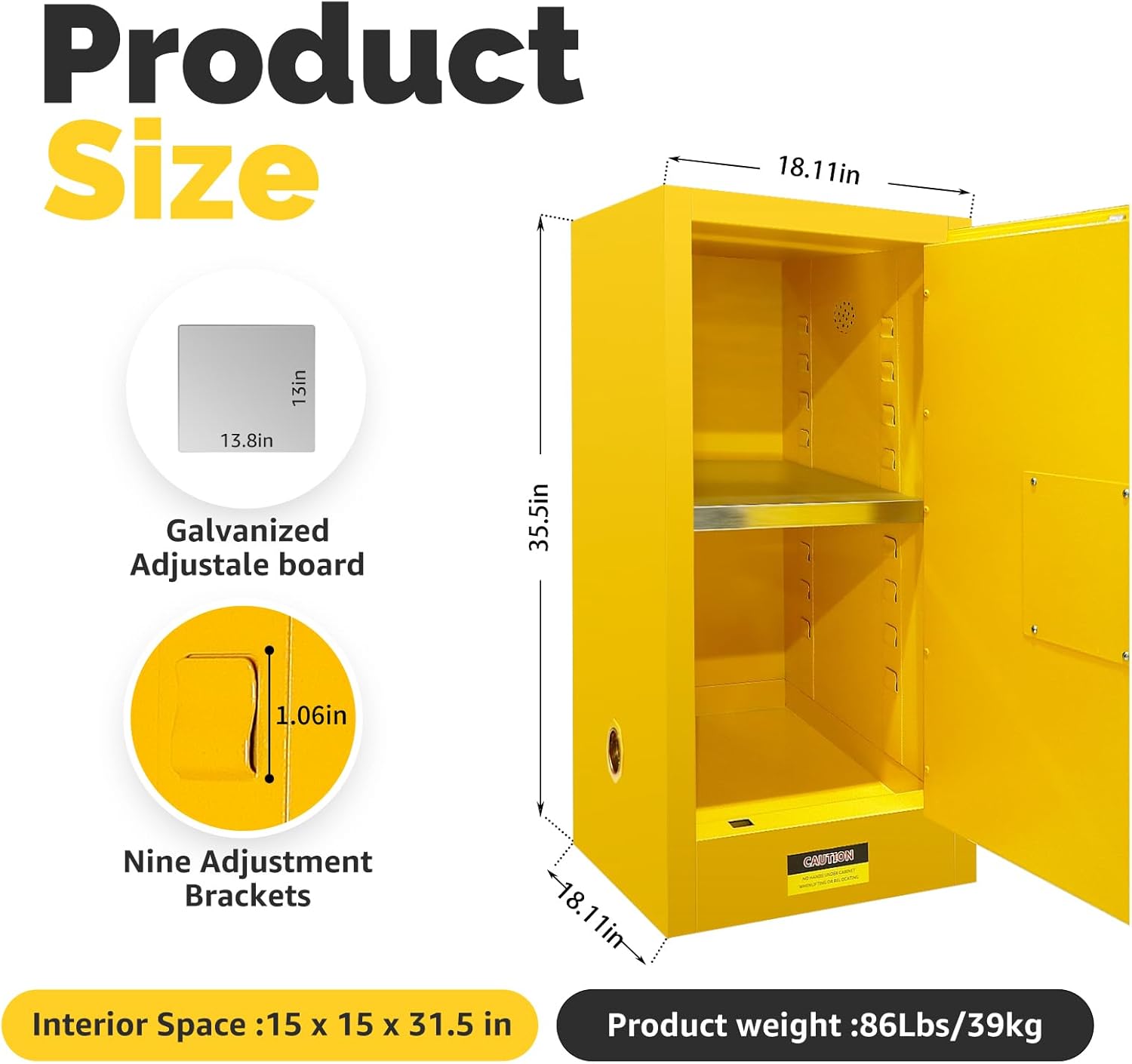 Hazardous Storage Cabinet, 35H x 18W x 18D, Flammable Storage Cabinets, Safety Storage Cabinet, Industry Safety Cabinet, for Commercial Industrial and Home Use, Yellow, 30 Gallon