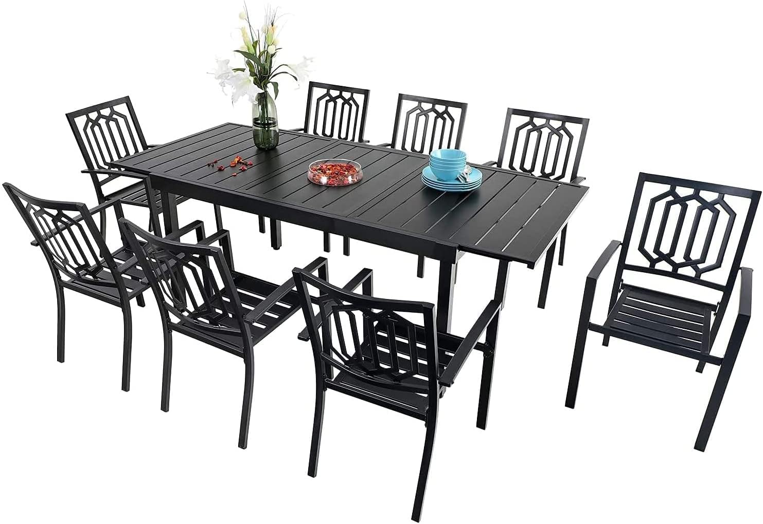 PHI VILLA Patio Dining Set 9 Pcs 1 Extendable Dining Table and 8 Outdoor Dining Chairs Metal Patio Bistro Stackable Chairs, Black for Outdoor Backyard Furniture Set, Black