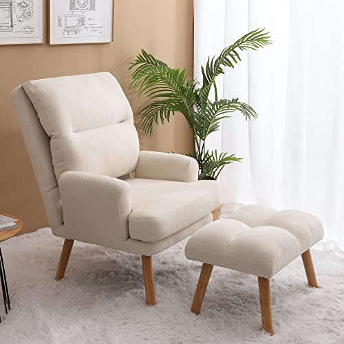 Accent Chair with Ottoman Set,Fabric Armchair with Wood Legs and Adjustable High Backrest,Upholstered Lounge Chair for Living Room,Bedroom,Reading Room and Study (Beige)