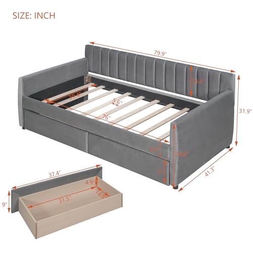 Linen Upholstered Twin Size Daybed with Two Storage Trundle Drawers, Solid Wooden Bed Frame w/Tufted Decorate, No Box Spring Needed, Space-Saving Design