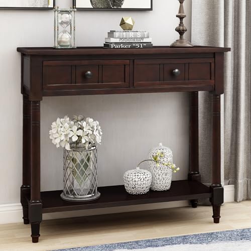 54inch Console Table,Imitation Crocodile Skin Retro Pine Wood Entryway Table,with 2 Drawers and 2 USB Ports,Easy Assmebly,for Hallway Living Room Entryway(Brown)