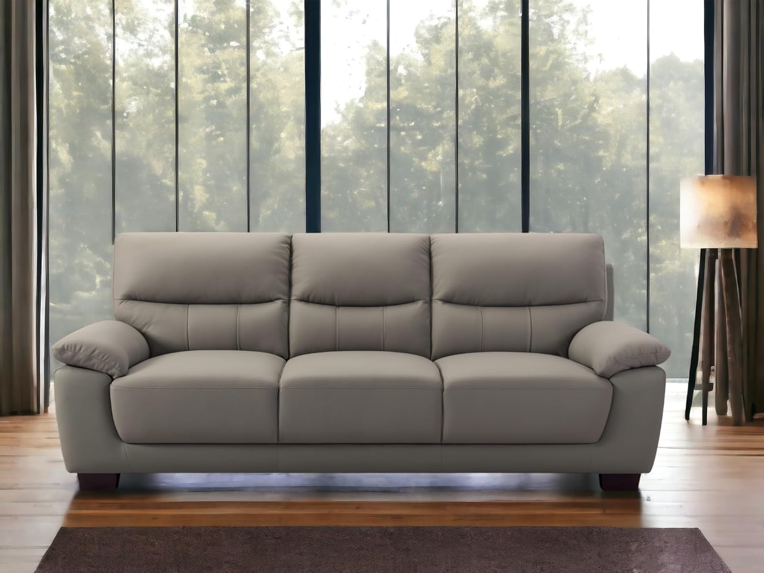 Mid-Century Modern 3-Seater Renzo Top Grain Leather Match Sofa, Firm Seating Sofa Couch with Removable Wooden Legs in Grey Color