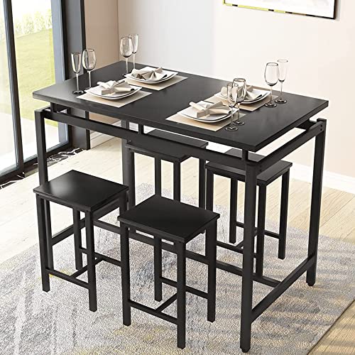 Lamerge Bar Table Set,Industrial Bar Table and Chairs Set,5 Pcs Dining Table Set Counter Height Pub Table with 4 Chairs,Adjustable Feet,Black