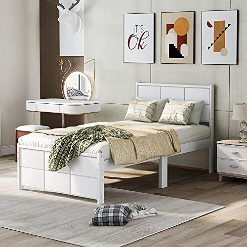 Twin Size Platform Bed, Wood Platform Bed Frame with Headboard and Footboard, Solid Wood Legs, Wood Slats Support, No Box Spring Needed, Easy Assembly, Platform Bed Frame for Kids Teens Adults(W