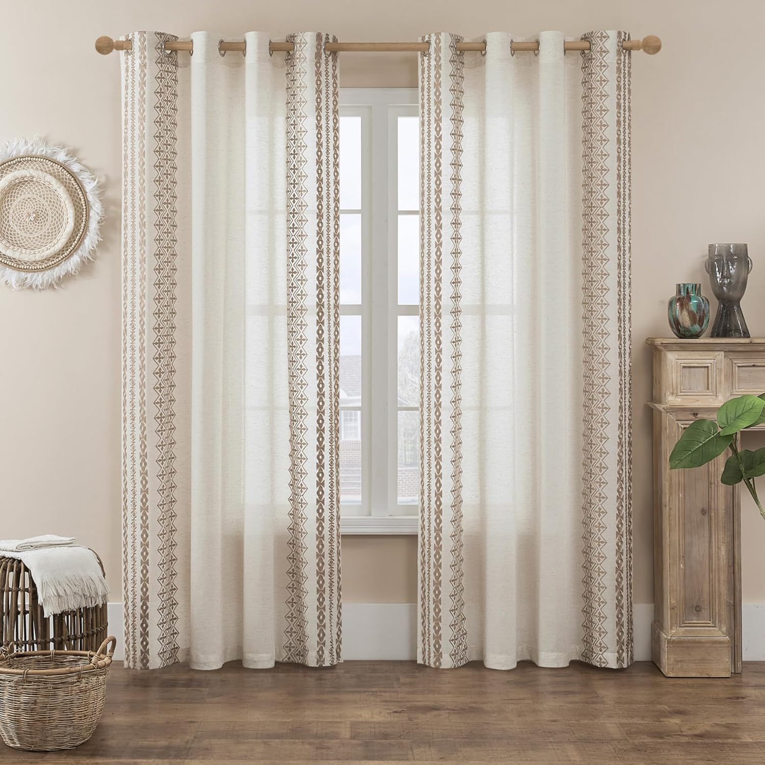 Cream Boho Curtains 95 Inches Long 2 Panels for Living Room Bedroom Grommet Natural Linen Curtains Light Filtering Window Curtains for Dining Room Country Rustic Farmhouse Decor, 52x95, Taupe