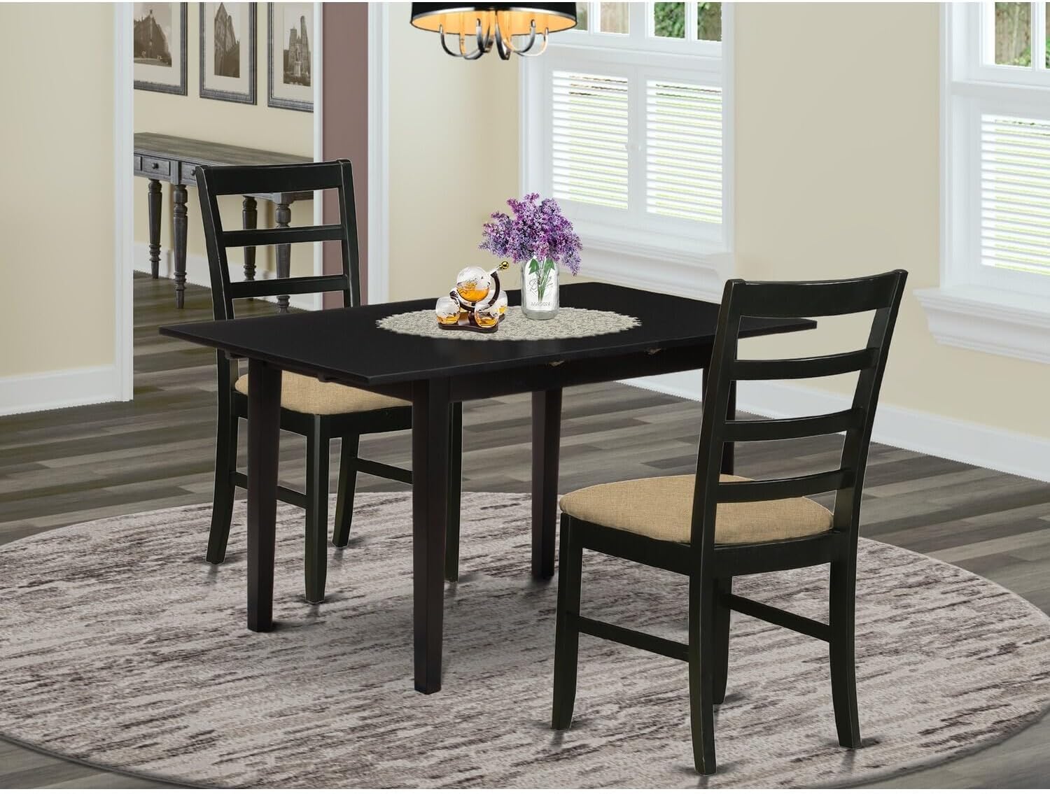 Urban Upmarket 3-Pc Rectangular Dining Table Set Wooden Dining Chairs with Ladder Back and A Fabric Seat and Butterfly Leaf Rectangle Dining Table with Rectangular Top and 4 Legs