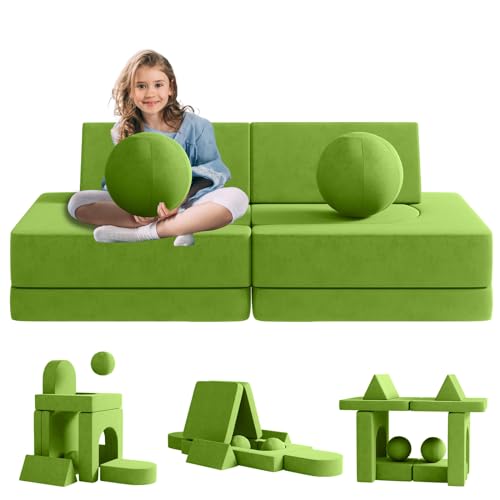 wanan Kids Couch Toddler Couch 10pcs Kids Sofa Couch with 2 Balls and Tunnel, Toddler Sofa Kids Fold Out Couch for Playroom Bedroom, Creative Baby Couch Kids Foam Couch (Grey)