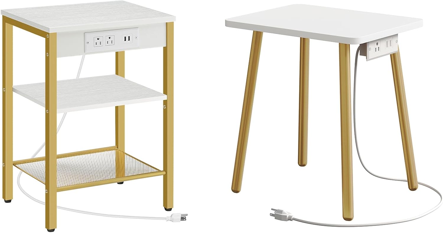 HOOBRO End Table with Charging Station and Small White Side Table with Charging Station Bundle, Small End Table for Small Space in Living Room, Bedroom, DW112BZ01G1-DW87UBZ01G1