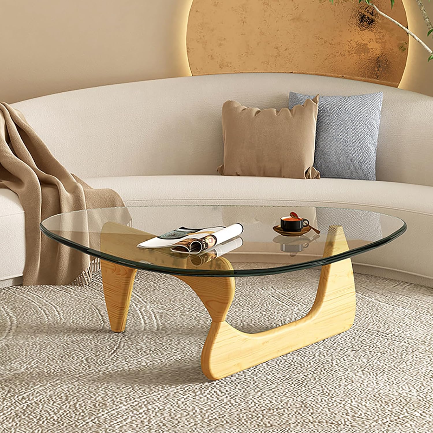 Triangle Coffee Table,Mid Century Modern Glass Coffee Table Solid Wood Base,Clear Abstract Coffee Table For Living Room Low Minimalist Tea Table Coffee Tables(32.3*22.4*16 inch, Transparent-Natural)
