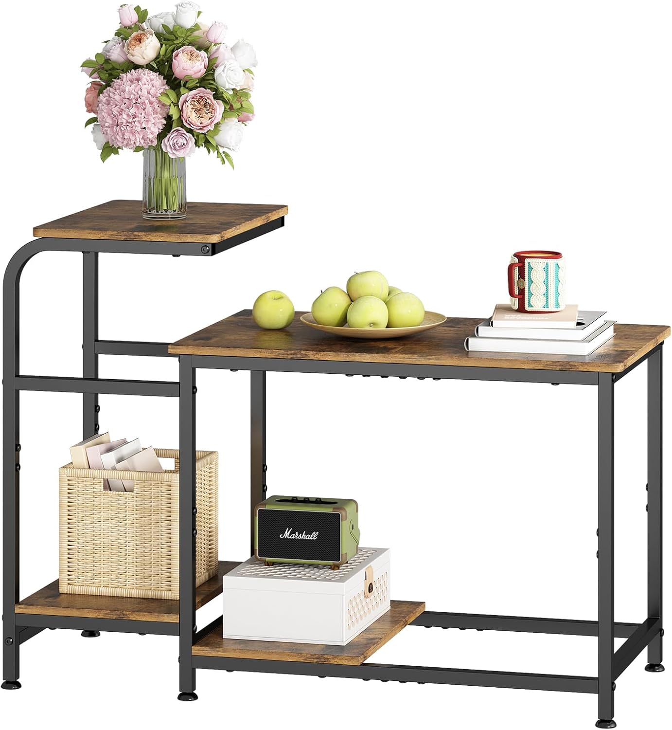 2 Tier Coffee Tables, Simple Industrial Style Center Table, Open Space, Small Outdoor Side Table for Living Room, Office, Camping Table, Easy to Assemble, Rustic Brown