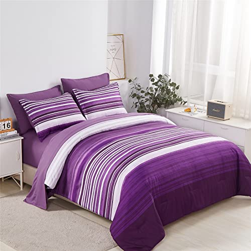 KAKIJUMN 7 Piece Bed in a Bag Stripe Comforter Set Full Size, White and Purple Patchwork Striped Comforter and Sheet Set, All Season Soft Microfiber Complete Bedding Sets(Purple,Full)