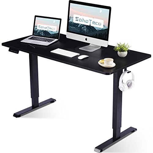 Height Adjustable Electric Stand Up Desk, 48x24 Computer Desk with Memory Presets for Home and Office, Black Frame & Brown Desktop