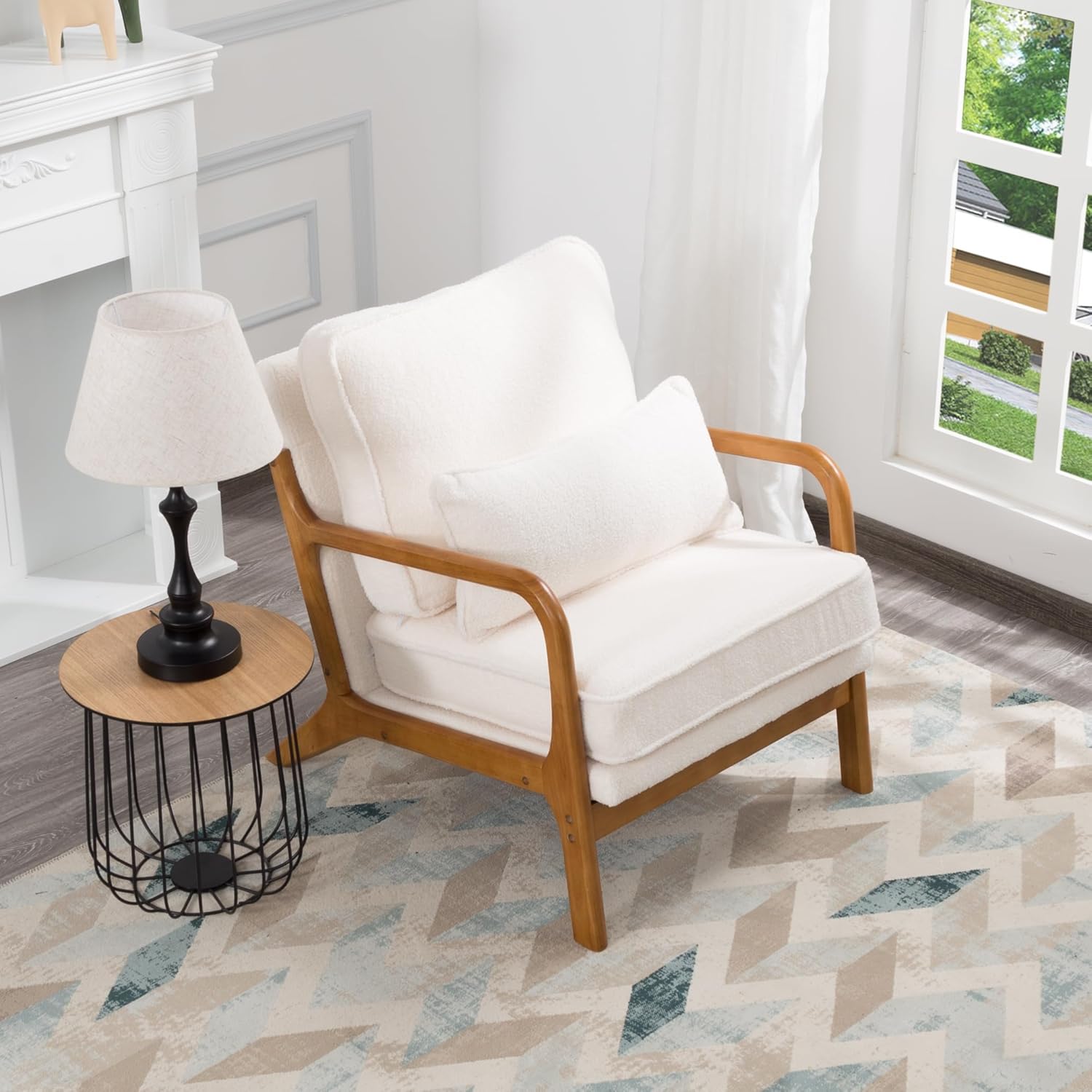 Accent Mid-Century Modern Pillow Upholstered Lounge Arm, Reading Armchair with Solid Wood Frame & Soft Cushion, Living Room Chairs for Bedroom,Sunroom, White