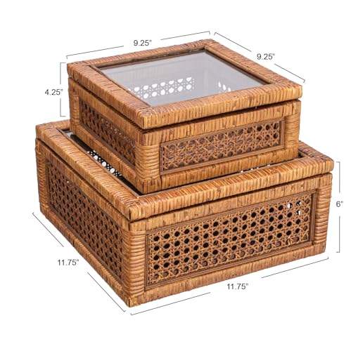 Creative Co-Op Modern Decorative Rectangle Woven Rattan and Wood Display Boxes with Glass Top, Set of 2 Sizes, Natural Finish