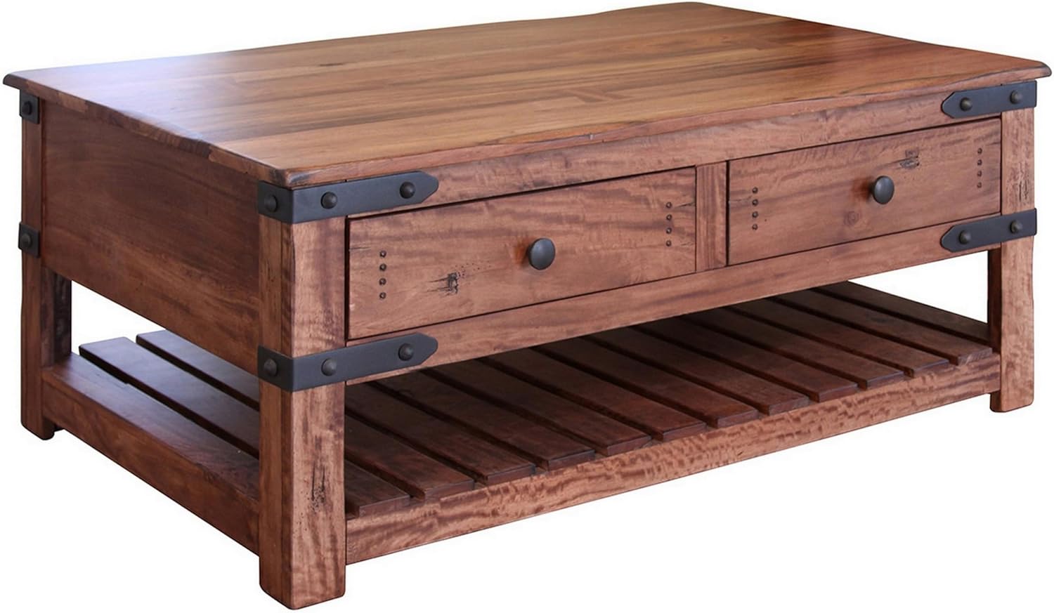 Benjara Umey 50 Inch 4 Drawer Coffee Table, Slatted Bottom Shelf, Solid Wood, Brown and Black