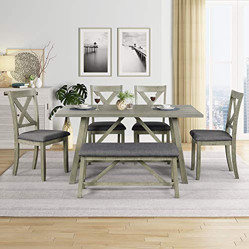 Farmhouse Style Wood Dining Table Set, 6-Piece Kitchen Table Set with Long Bench and 4 Dining Chairs,Designed for A Large Family (Walnut+GrayN*)