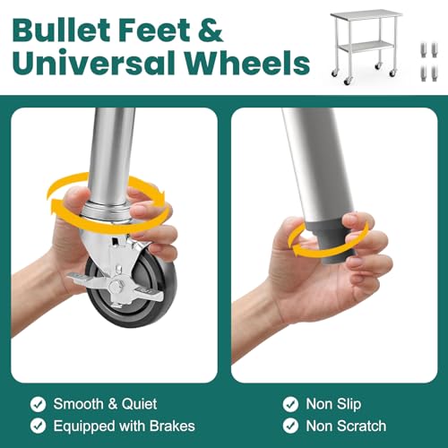 24 x 48 Stainless SteelTable with Wheels and Backsplash,Durable and Easy-to-Clean Commercial MetalTable,Stainless Steel Prep Table Suitable for Home,Kitchen,Garage