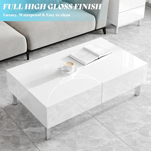 AMERLIFE High Gloss Electroplated Coffee Table Sets of 3, Modern Minimalist Center Table & 2 x End Tables Set, Magnetic Storage Drawers Rectangular Cocktail Table for Living Room, Waiting Area, Gray