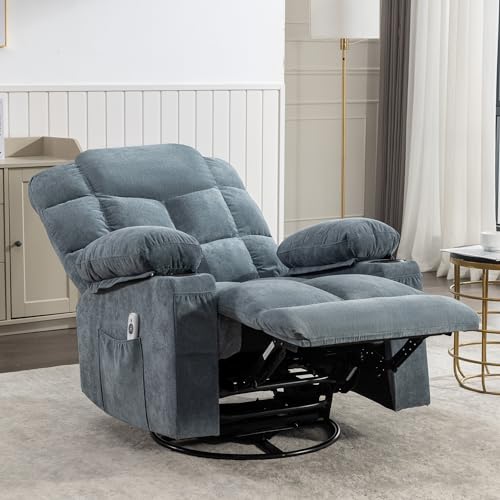 INMOZATA Rocker Recliner Chair for Adults, 360 Degree Swivel Living Room Chair, Manual Massage Chair with Heat, Linen Swivel Accent Arm Chair with Cup Holders Side Pocket USB Port for Bedroom,Brown