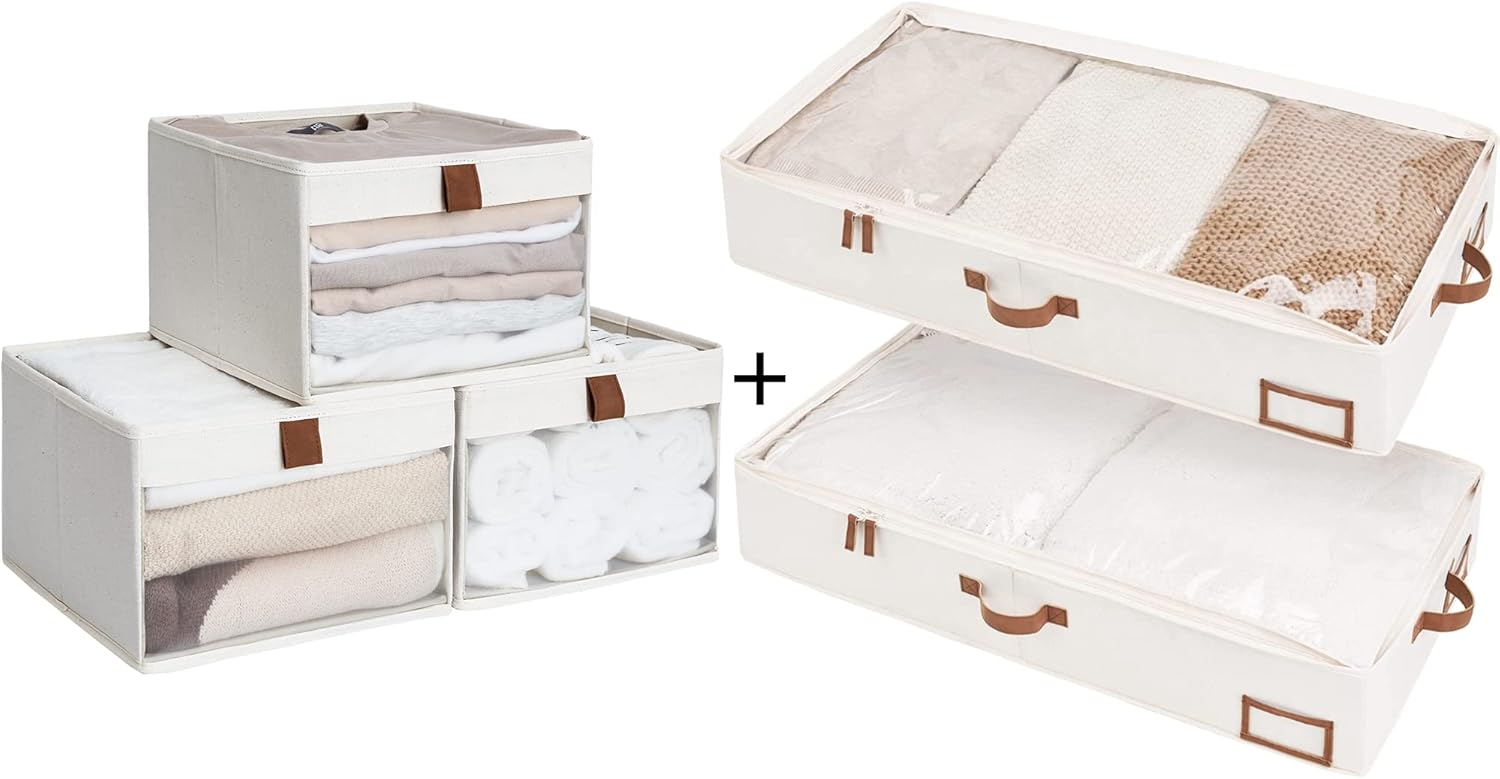 StorageWorks Closet Storage Bins with Clear Window 3 pack, Underbed Storage Box, Under Bed Clothes Organizer With Sturdy Structure and Ultra Thick Fabric 2 pack