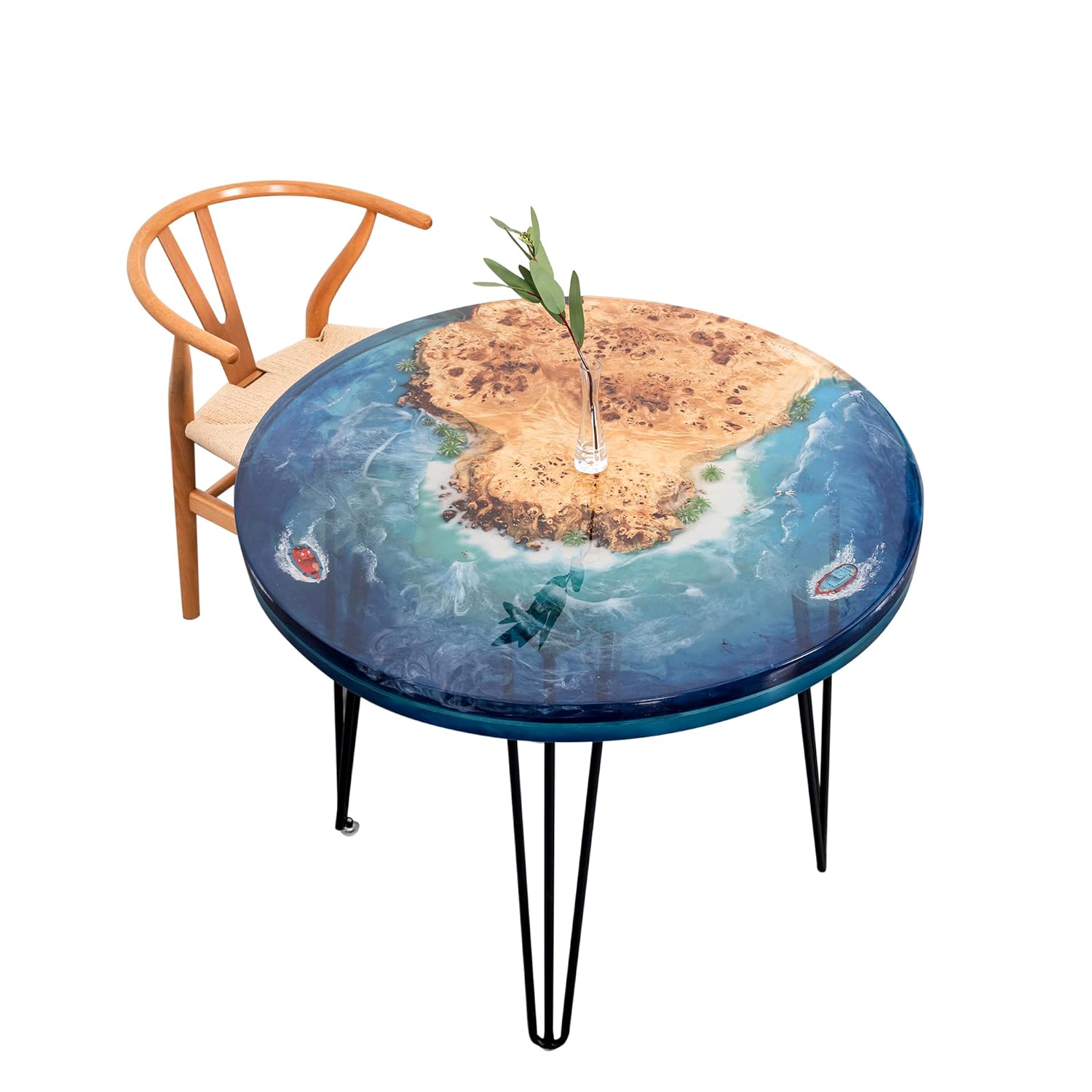 Coffee Table With Turquoise Epoxy Resin And Timber Live Edge River Table Stylish Modern Round Wooden Rustic Dining Table For Office Living Room Apartment Kitchen Nordic Style Elegant (36.6'')