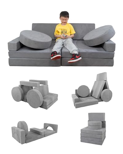 Kids Sofa Couch 15PCS - Modular Toddler Play Couch with Removable Cover, Multifunctional Kids Couch for Playroom Bedroom - Convertible Foam Toddler Sofa for Girls and Boys (Gray)