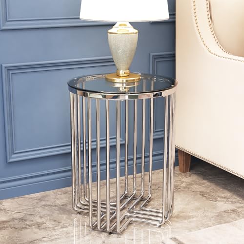 Silver Side Table, Modern Round End Tables for Living Room Office Small Spaces, Glass End Table with Metal Frames, Nightstand for Bedroom, Bedside Furniture, Easy Assembly