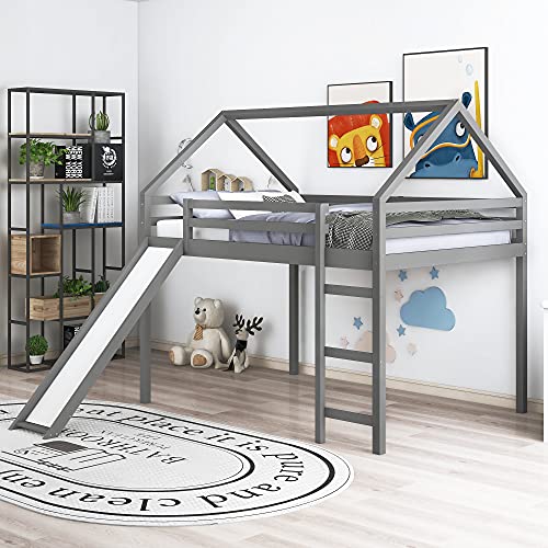 Twin Loft Bed with Slide for Small Room, 34.6'' Space under The Bed, Wood House Loft Bed with Roof and Safety Guardrails, Space Saving Bed Frame (White)