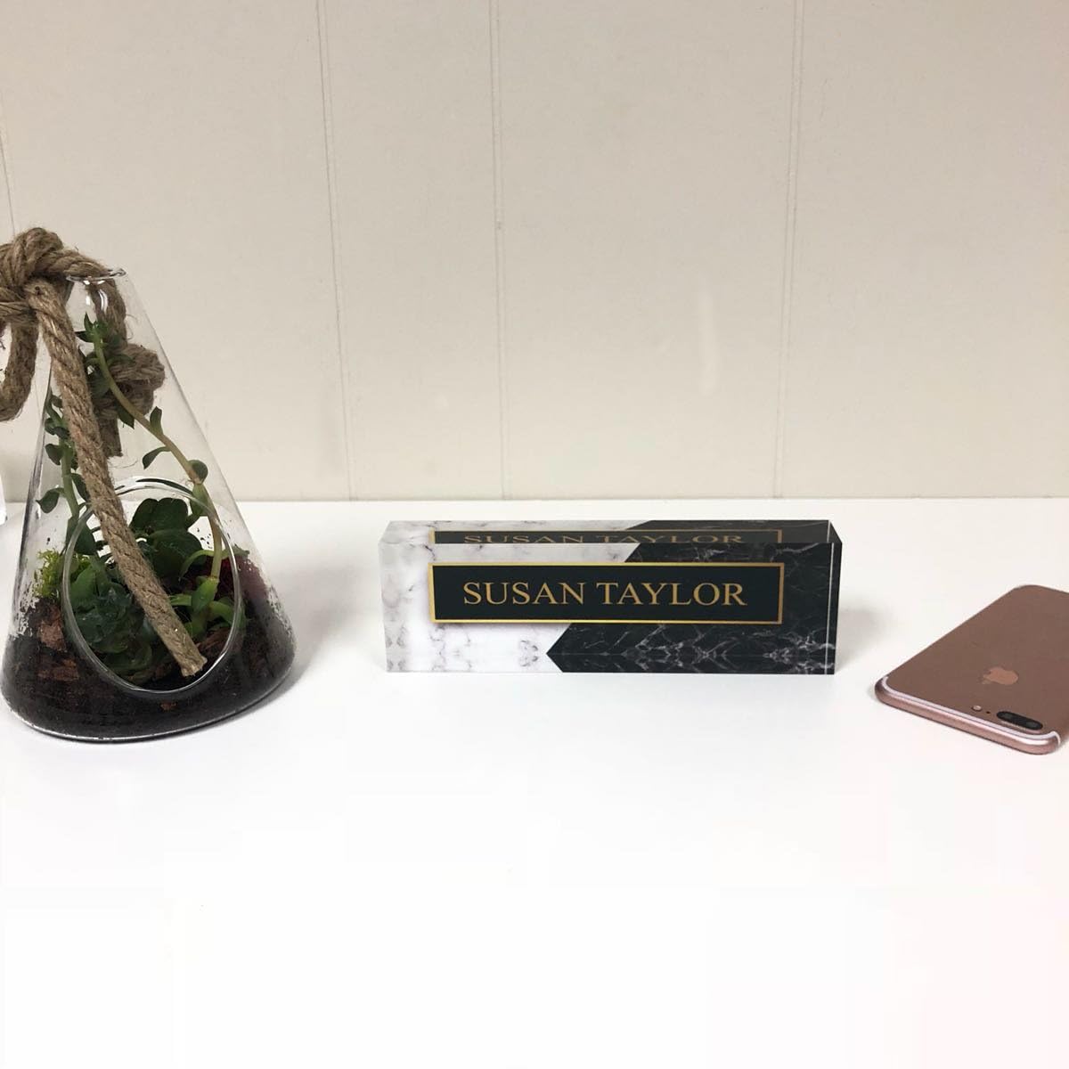 Artblox Personalized Name Plate for Desk | Black & White Marble Design On Clear Acrylic Glass | Custom Desk Name Plate Personalized Name and Credentials for Teacher Phd Military Office Name Plate