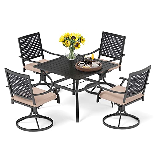 PHI VILLA 9 Pieces Outdoor Dining Set for 8, 60” Wood-like Large Square Metal Steel Dining Table & Stackable Iron Chairs, Dining Furniture Set for Patio, Deck, Yard, Porch